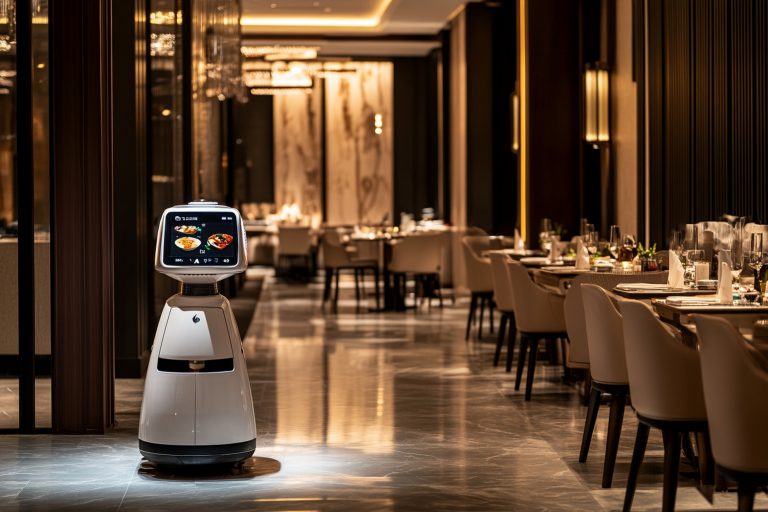 bustling-robot-restaurant-guests-scene-where-autonomous-waiter-robot-ai-photo